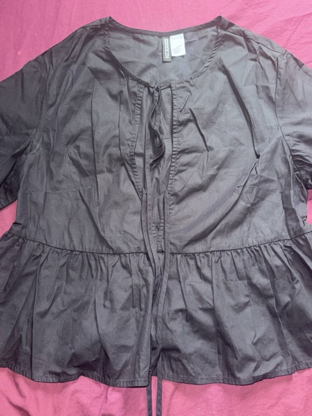 H&M Divided Black Peplum Tie Neck Blouse Size M